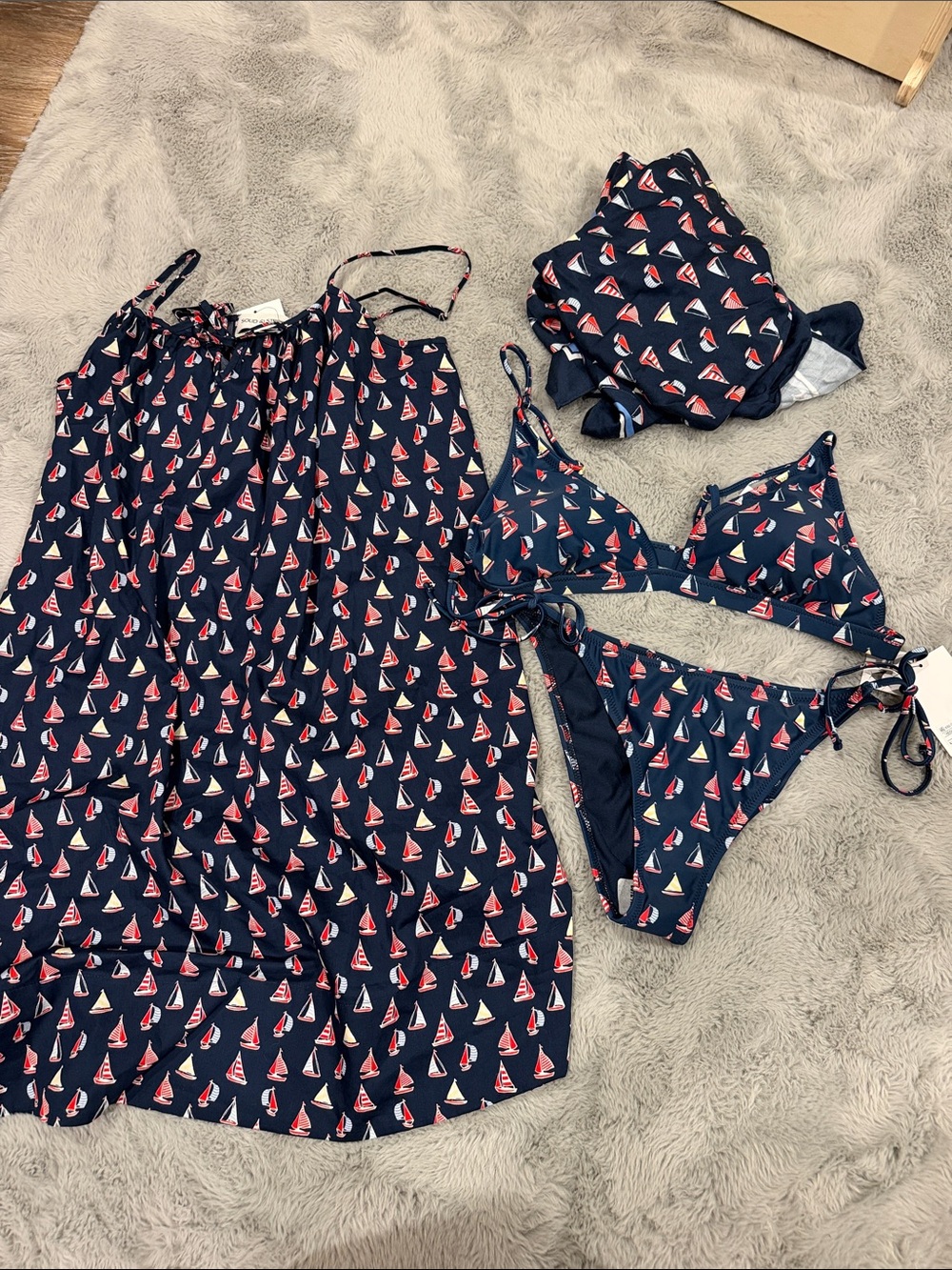 Women’s 4 piece set Navy Sailboat Print Bikini and Cover-Up Set- solid & striped